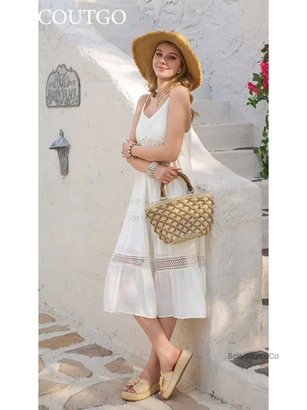 Women's Raffia Wedge Sandals Slip-On Bow Open Toe Espadrilles Summer Beach